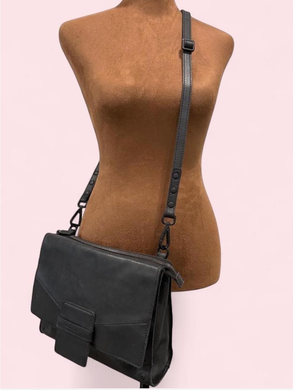 Hammitt LA Black Leather Edgy Messenger Crossbody Bag Red Interior $425